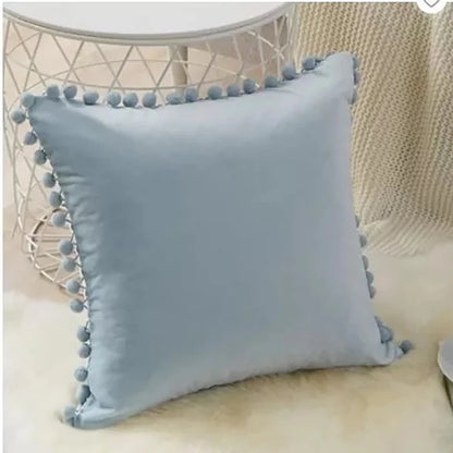 Soft Velvet Decorative Cushion Cover with Pom-Pom Ball – Sofa & Bedroom Pillowcase Blue Pink