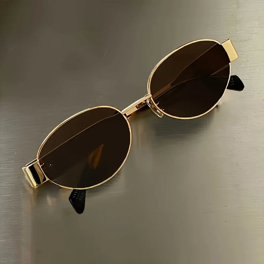 Metallic high-end full-sided oval-shaped sunglasses, a retro, simple and fashionable daily wear item