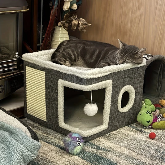 Multi-Level Cat Activity Center - Foldable Scratching Post & Warm Bed