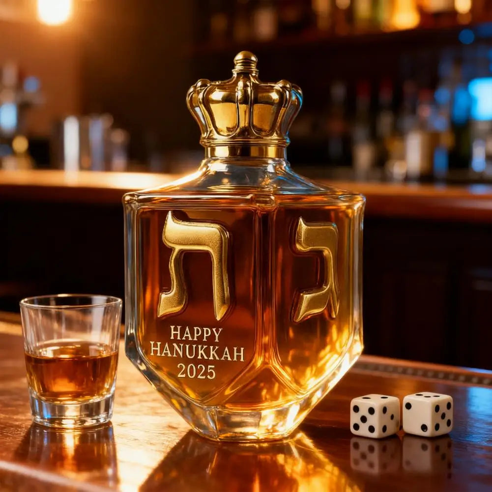 Hanukkah Whiskey Decanter Set – Gold Glass Bottle with Engraved Dreidel