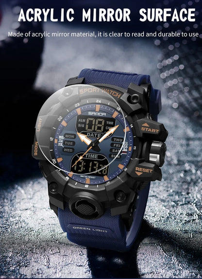 SANDA 6126 Digital Watch – Dual Display, Waterproof Military Sport, Alarm & Stopwatch