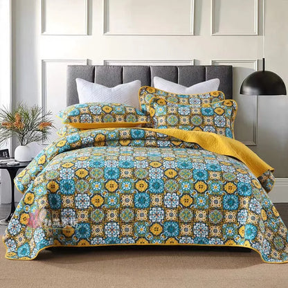 100% Cotton Quilted Bedspread – Rural Retro Bed Cover with Pillowcases for Queen & King Size