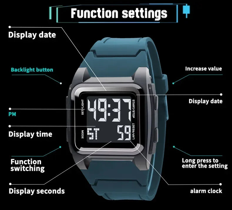 Men's Digital Watches Waterproof Men Sports Watch Luminous Multifunction Clock Outdoor Running Student Fitness Wristwatch