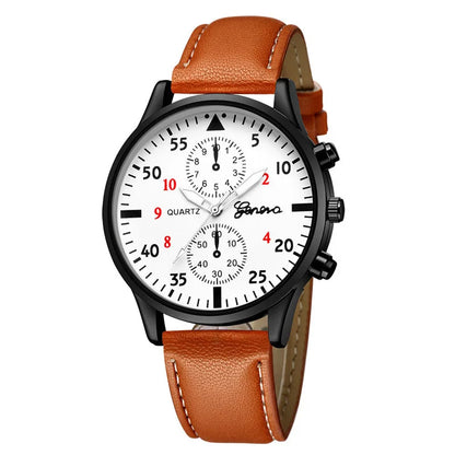 Watch with brown leather strap and white face on a white background