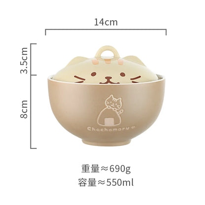 Japanese Cute Cartoon Animal Ceramic Soup Bowl with Lid – Instant Noodle & Rice Bowl Tableware