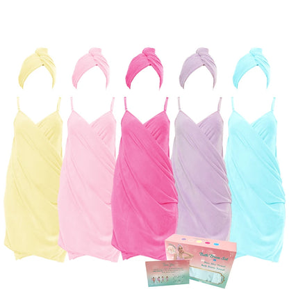 Set of pastel-colored dresses with matching headscarves and a box on a white background