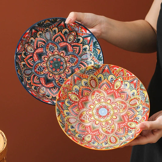 8inch Bohemian Ceramic Western Steak Plate Vintage Dinnerware Set Floral Design Home Restaurant Fruit Plate Bowl Dinner Plate