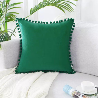 Soft Velvet Decorative Cushion Cover with Pom-Pom Ball – Sofa & Bedroom Pillowcase Blue Pink