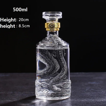 Dragon Pattern Embossed Glass Wine Bottle – 500ml Decorative Liquor Bottle