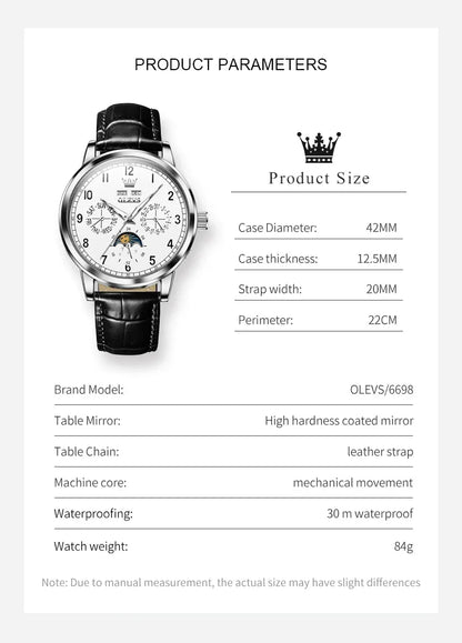 OLEVS 6698 Automatic Mechanical Watch – Luxury Leather Strap, Moon Phase, Waterproof