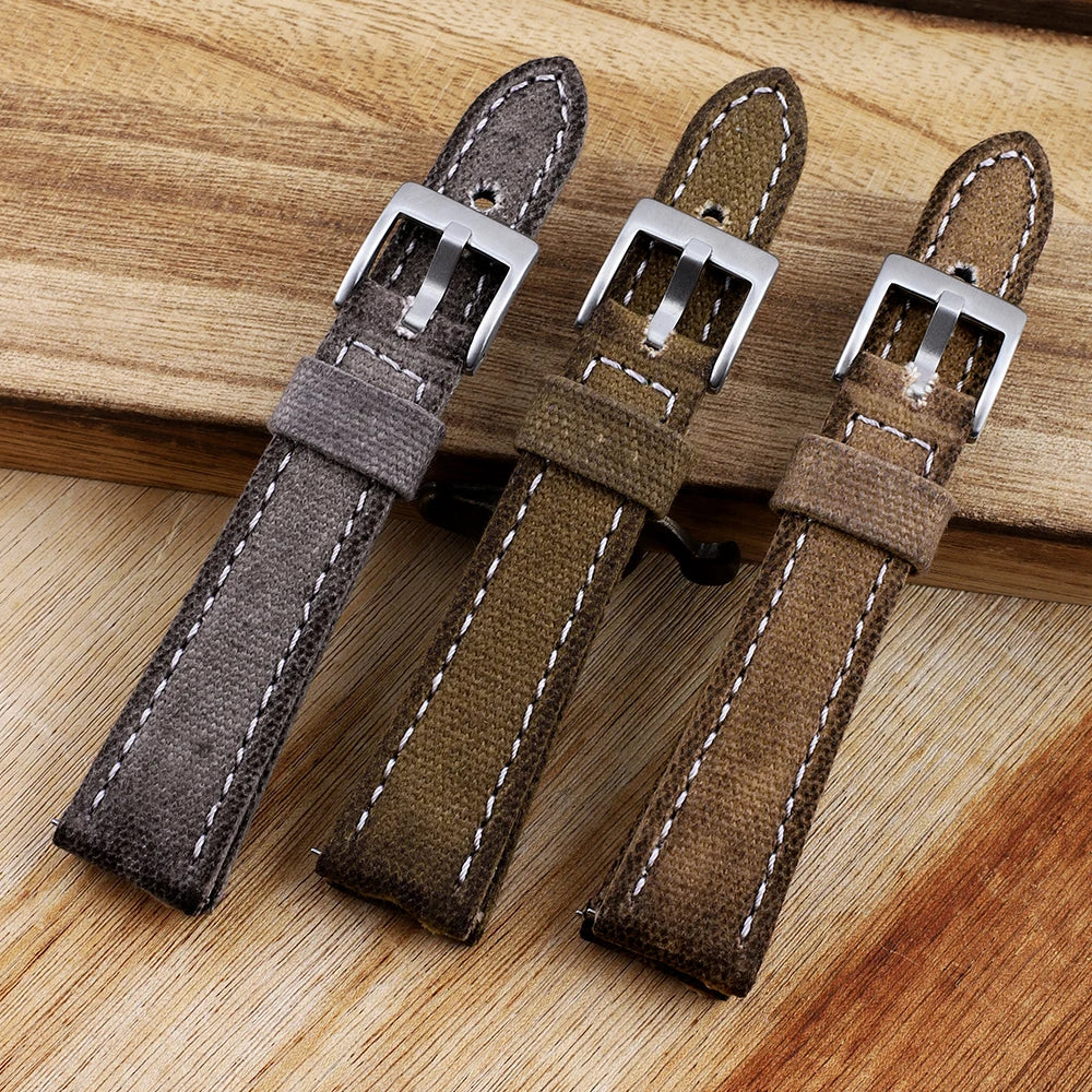 Retro Wet Wax Canvas Watch Band 18mm 19mm 20mm 21mm 22mm Gray Blue Brown Green Denim Strap Replacement Quick Release Watchbands - BeeTrendyShop.COM