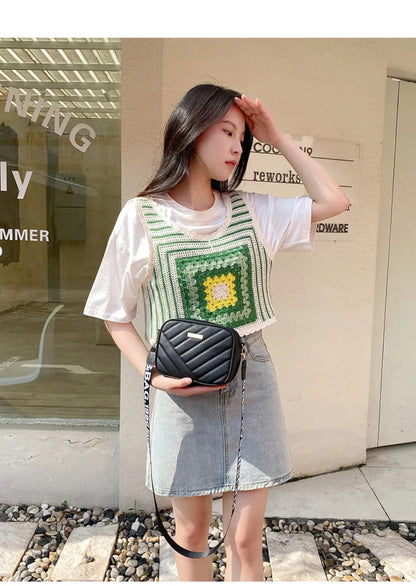 High quality women's PU rolling strip camera bag shoulder bag mobile phone bag casual crossbody bag - BeeTrendyShop.COM