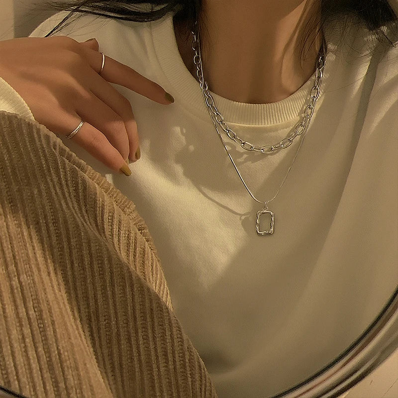 Double Link Necklaces Women Charm Layered Pendant Square Hip Hop Long Chain Punk Aesthetic Party Jewelry Accessories Gift