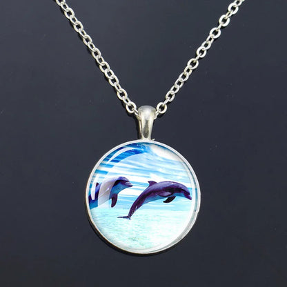 Ocean Marine Animal Glass Dome Pendant Necklace – Sea Turtle, Dolphin & Starfish Long Chain