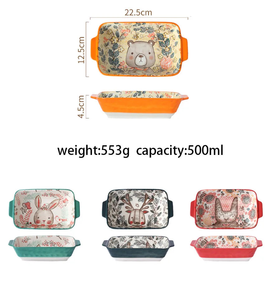 Ceramic Bakeware With Handle Forest Animals Baking Pan  Underglaze  Kitchen Tableware Salad Bowl Au Gratin Dishes