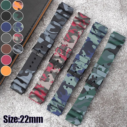 Camouflage-patterned watch bands on a textured surface with color swatches.