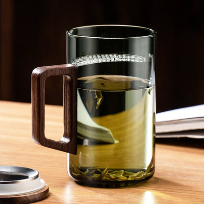 Glass Coffee Mug with Wooden Handle – Transparent Tea Cup Kitchen Coffeeware