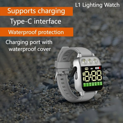 L1 Lighting Watch with charging port and waterproof features on a rocky surface