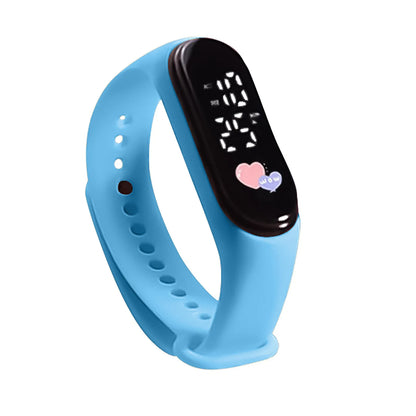 Blue smartwatch with a digital display on a white background