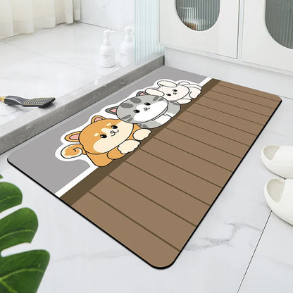 Decorative rug with cartoon dog design on a kitchen floor.