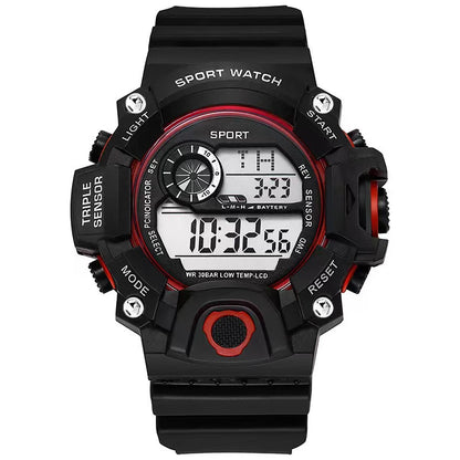 Black and red digital sport watch on a white background