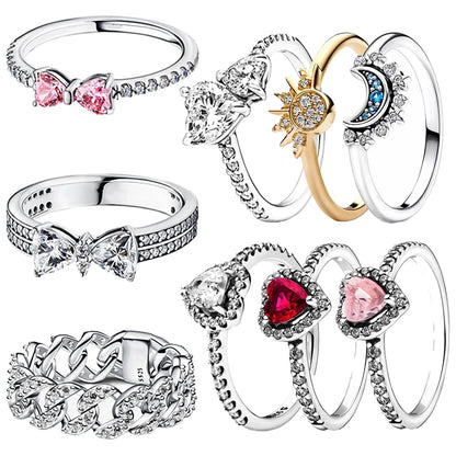 925 Sterling Silver Bow Heart Sun Moon Crystal Ring – DIY Gift Jewelry