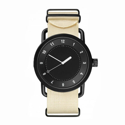 Black watch with a beige strap on a white background