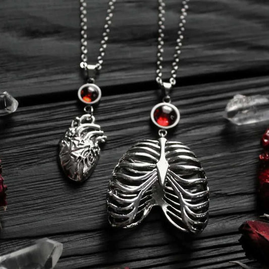 Heart Chest necklace,Gothic jewelry,punk,Blood Cameo,Hollow skeleton,organ, Rib，anatomy,pagan,rock,Witch,Choker For Women Man