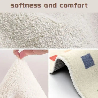 Text 'softness and comfort' above a close-up of a textured fabric surface, with a hand holding the fabric and a corner of a colorful rug.