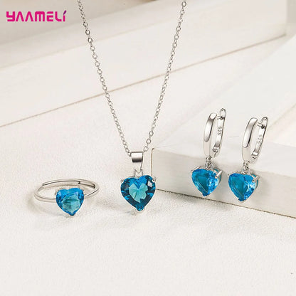 Heart Zircon Jewelry Set – Huggie Earrings, Pendant Necklace & Ring for Women