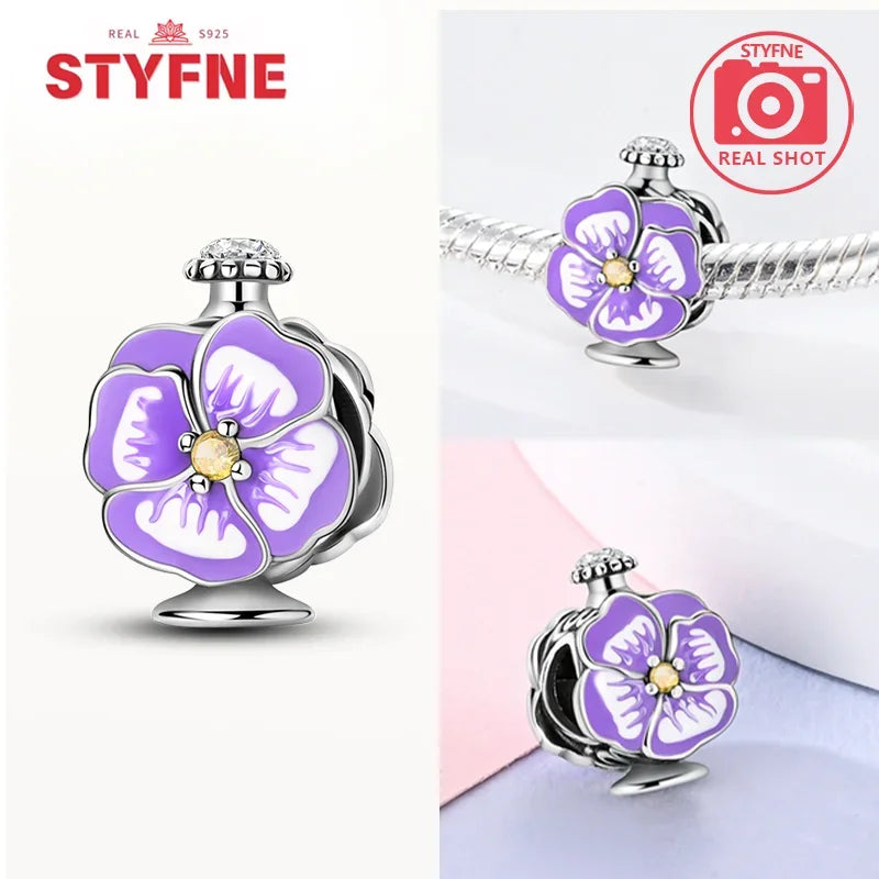 925 Silver Rose Pink Flower Shiny  Zircon Charm Beads For Original Charms Original Bracelet for Women DIY fine Jewelry Gift