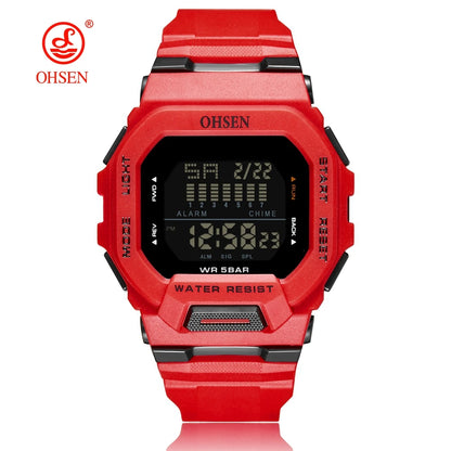 Red digital watch with black display on a white background, featuring the OHSEN brand.