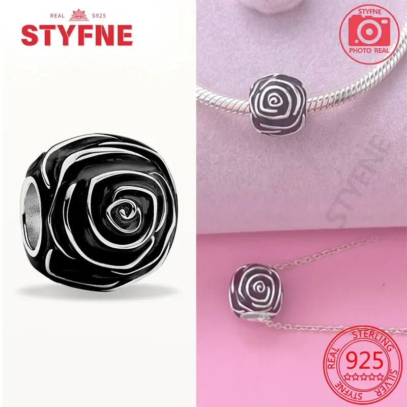 925 Silver Rose Pink Flower Shiny  Zircon Charm Beads For Original Charms Original Bracelet for Women DIY fine Jewelry Gift