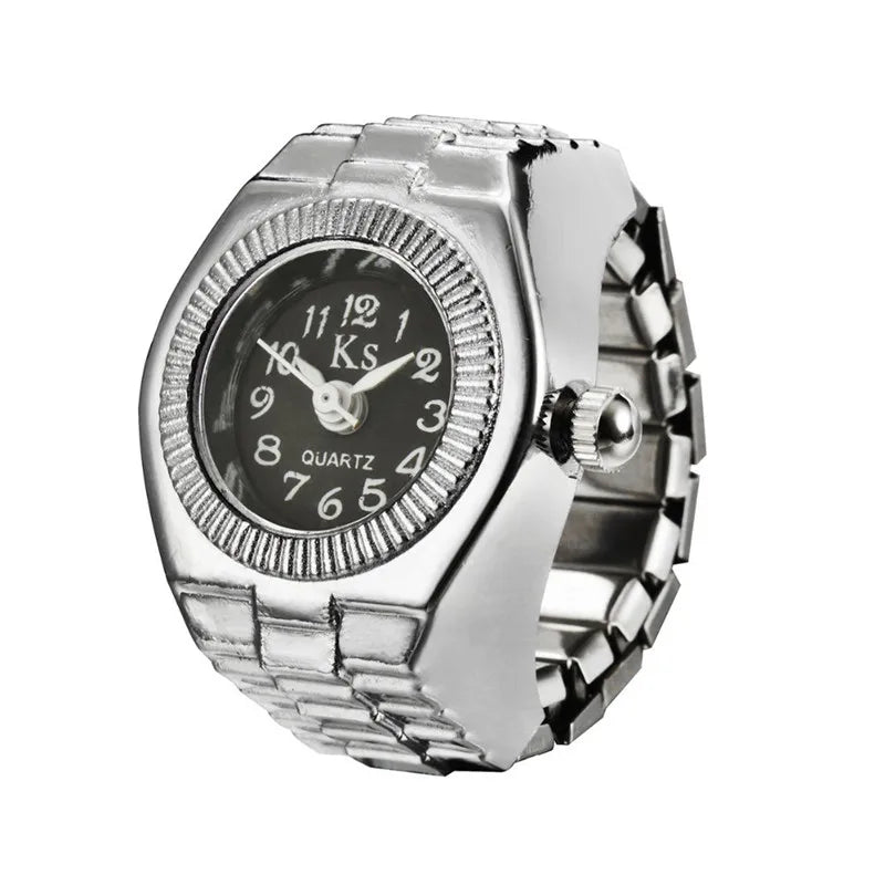Vintage Punk Finger Watch Mini Elastic Strap Alloy Watches Couple Rings Jewelry Clock Retro Roman Quartz Watch Rings Women Men - BeeTrendyShop.COM