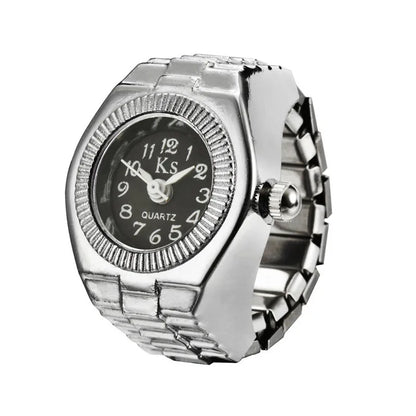 Vintage Punk Finger Watch Mini Elastic Strap Alloy Watches Couple Rings Jewelry Clock Retro Roman Quartz Watch Rings Women Men - BeeTrendyShop.COM