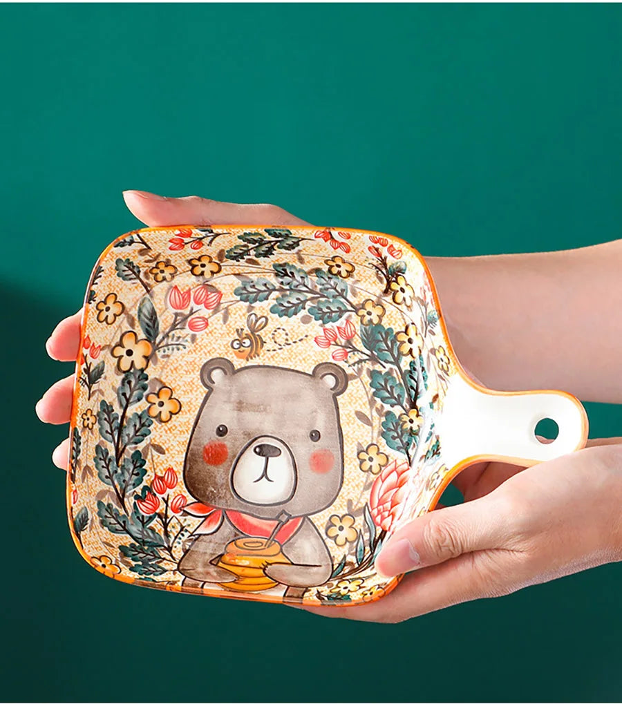 Ceramic Bakeware With Handle Forest Animals Baking Pan  Underglaze  Kitchen Tableware Salad Bowl Au Gratin Dishes