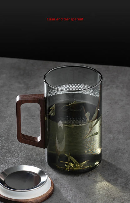 Glass Coffee Mug with Wooden Handle – Transparent Tea Cup Kitchen Coffeeware