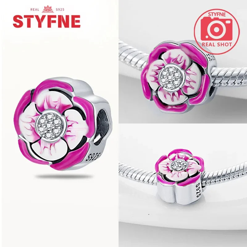 925 Silver Rose Pink Flower Shiny  Zircon Charm Beads For Original Charms Original Bracelet for Women DIY fine Jewelry Gift