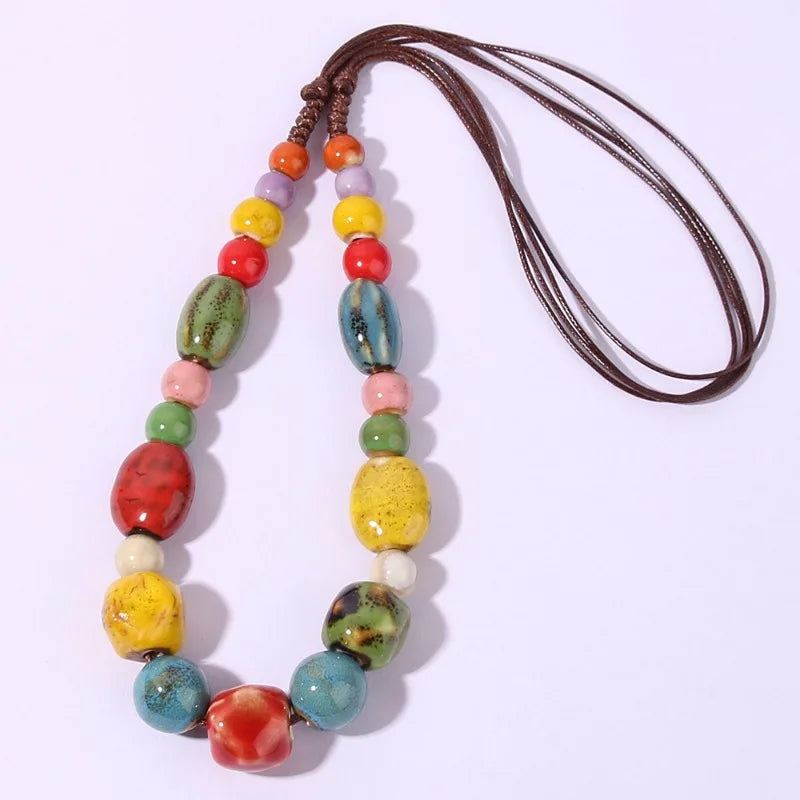 Colorful Handmade Ceramic Necklace – Multilayer Boho Beaded Jewelry