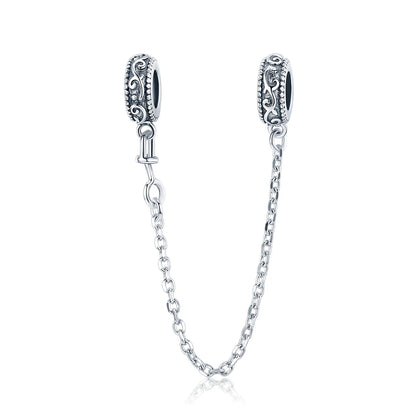 925 Sterling Silver Safety Chain Charm – Heart, Key & Flower CZ Stopper Bead