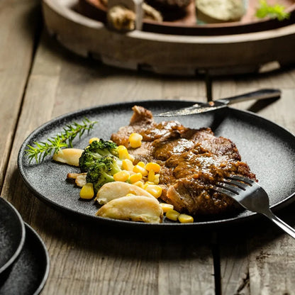 Japanese-Style Black Ceramic Plate Set – Steak & Western Food Dinnerware for Home & Kitchen