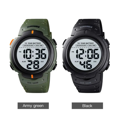 Two digital watches, one army green and one black, on a white background.
