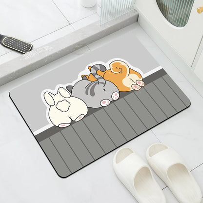 Doormat with cartoon animals on a bathroom floor