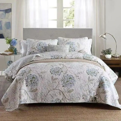 100% Cotton Quilted Bedspread – Rural Retro Bed Cover with Pillowcases for Queen & King Size