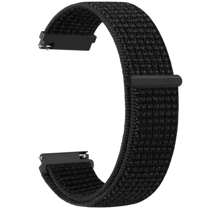Black woven watch strap on a white background