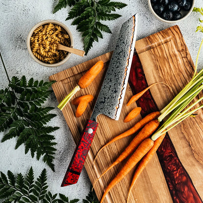 Grandsharp 55-Layer Copper Damascus Kiritsuke Knife – 8-Inch Red Resin & Carbon Fiber Handle