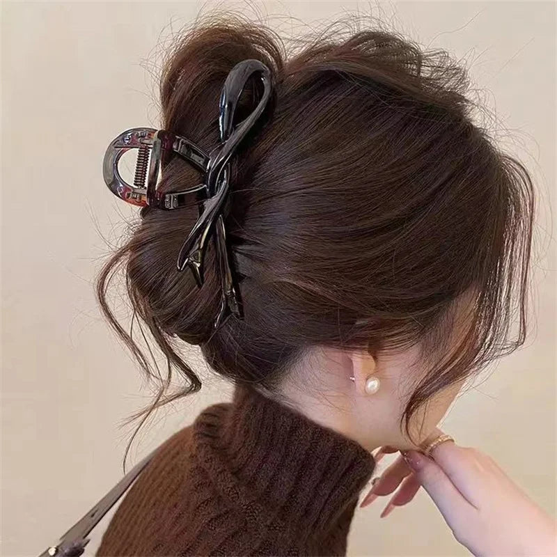 13cm Acrylic Ribbon Bow Hair Claw Clip – Glossy Shark Ponytail Barrette for Women
