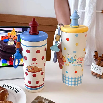 700ML Cute Thermos Bottle with Straw & Infuser – Stainless Steel Tea Cup for Women