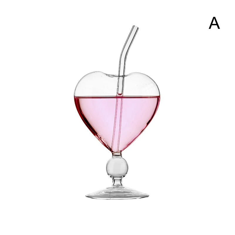 Heart-Shaped Glass Cup with Straw – 220ml Crystal Juice & Wine Glass