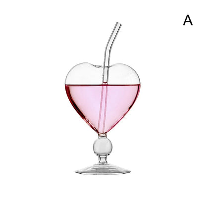 Heart-Shaped Glass Cup with Straw – 220ml Crystal Juice & Wine Glass